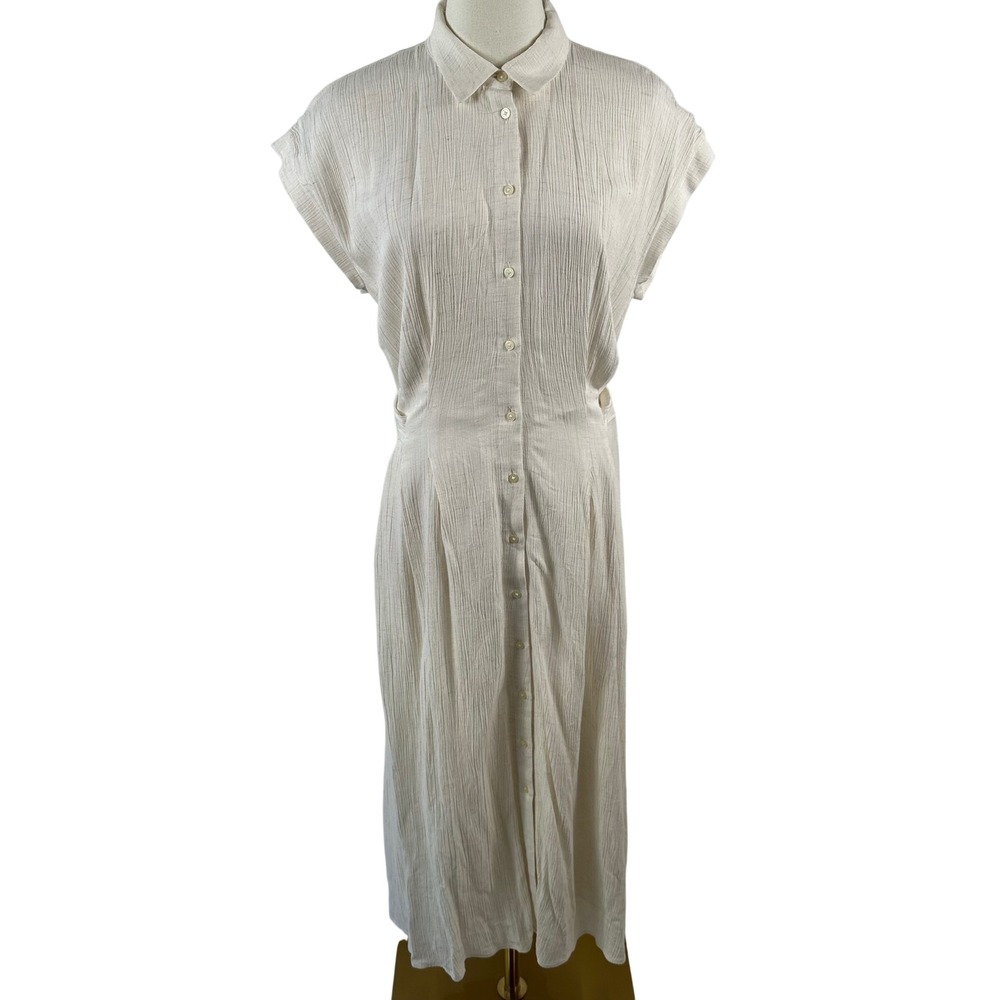 LOFT Shirtdress Women 8 Cream Rayon Button Front Tie Waist Midi Boho Cottagecore